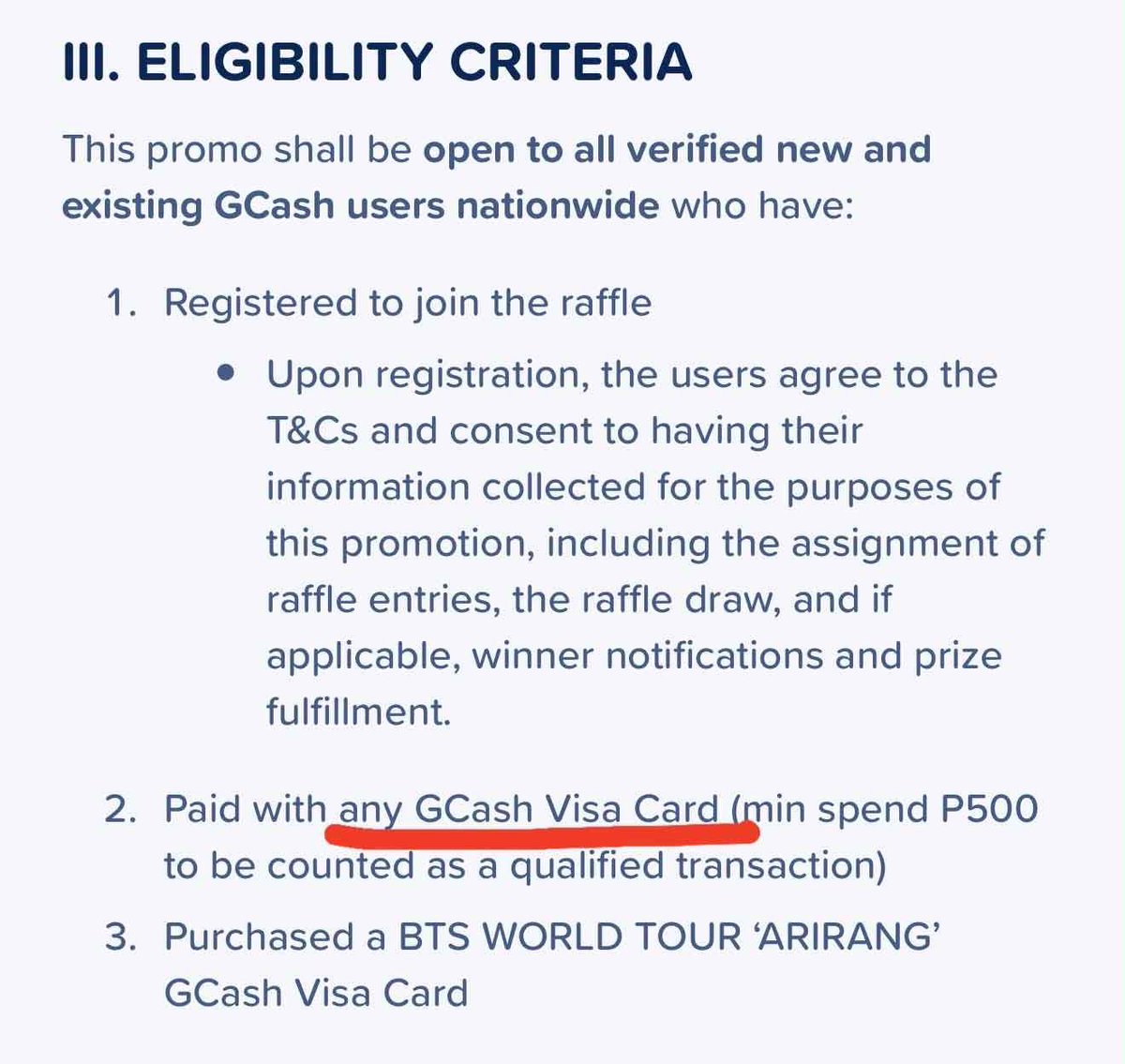 bangwoolnoona's tweet photo. @gcashofficial @gcashofficial clarify ko lang kasi nakalagay sa notice niyo na any visa card pwede gamitin for the transactions of min. 500. Pero bakit nagtanong ako sa customer service sabi nila kelangan daw yung Arirang card mismo gamitin kaya hindi daw eligible yung mga transactions ko? https://t.co/NWY2hAHhqn