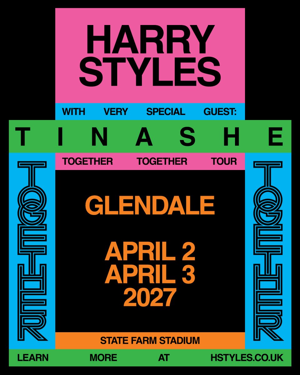 StateFarmStdm's tweet photo. JUST ANNOUNCED: Harry Styles: Together, Together 2027! Coming to State Farm Stadium on April 2 &amp; 3.

Sign Up Now for Presale Access: https://t.co/ydyNLEljPi https://t.co/aX2Hmgqdx1