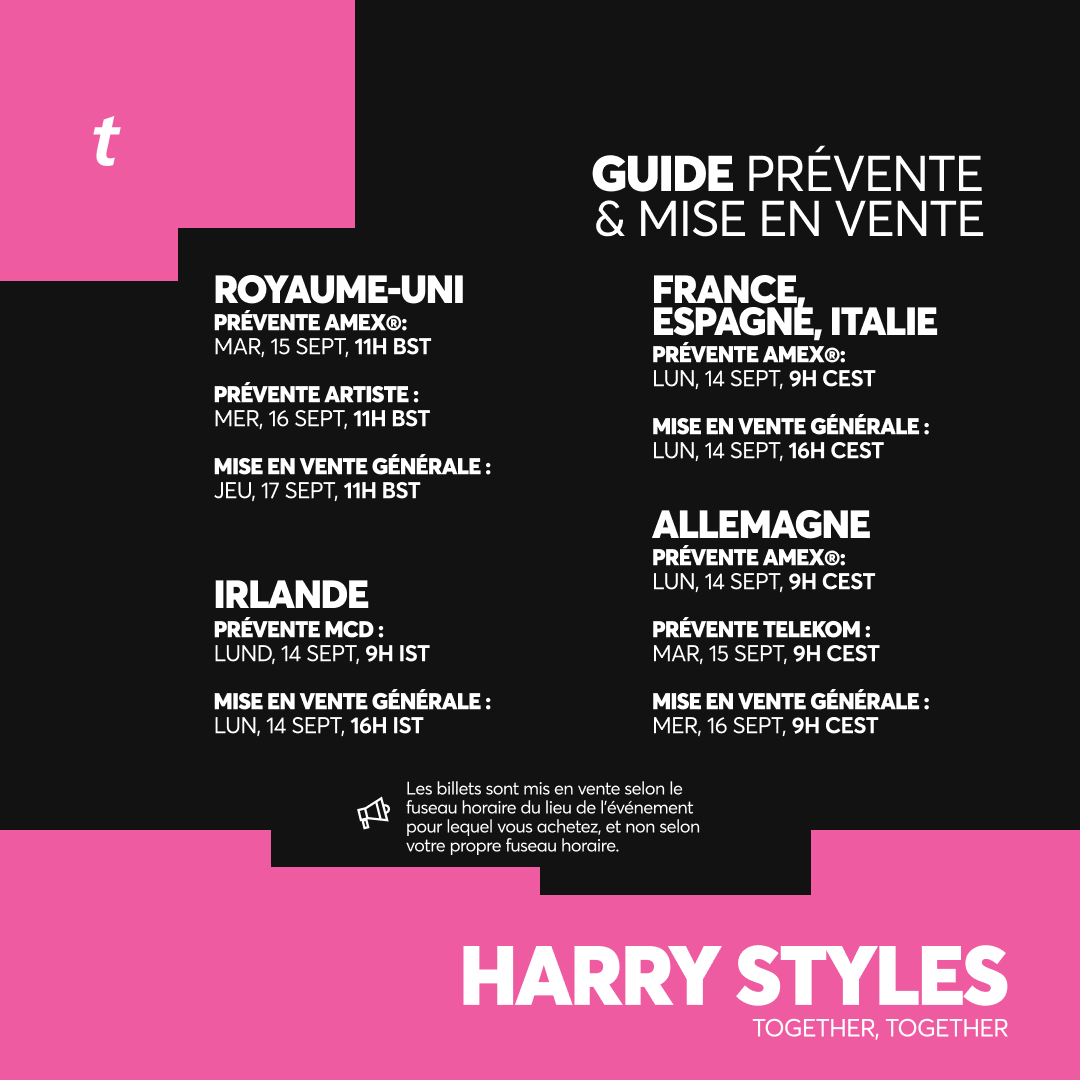 TicketmasterFR's tweet photo. Let's dance 🕺 @Harry_Styles vient d'annoncer des dates supplémentaires pour Together, Together 🪩
Voici ce que vous devez savoir pour être prêt à la mise en vente !
🎫 https://t.co/Ocec69uZhh https://t.co/3YCdvSTyz5