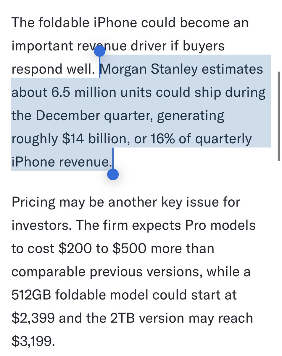 IanCSt's tweet photo. Ah yes. Only 2% of cellphone sales are of foldables now, but obviously Apple will sell eight times more than that. Everyone wants a $2,400 phone that doesn’t fit in one hand and will have a crease down the middle in three months. https://t.co/ted398QgEf