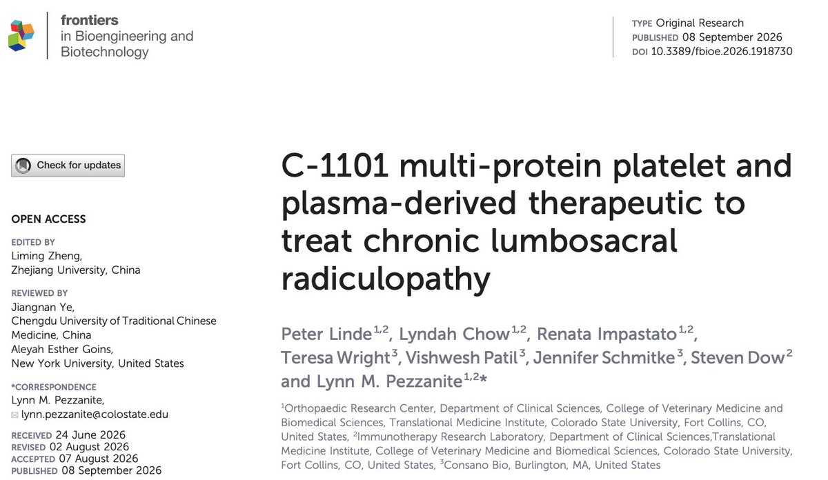 Consano_Bio's tweet photo. Huge publication news from @Consano_Bio!

We are proud to share our latest peer-reviewed study published in @FrontBioeng: "C-1101 multi-protein platelet and plasma-derived therapeutic to treat chronic lumbosacral radiculopathy.”

https://t.co/YyqP0bab93 https://t.co/e3WyVCtK6o