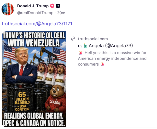 GuntherEagleman's tweet photo. 🚨 BOOM: Trump just amplified it. Historic oil deal with Venezuela. Graphic says 65 BILLION barrels under USA control. OPEC and Canada on notice.

Realigns global energy. America First energy dominance.

THIS IS THE WAY!

While Canada plays tariff games and OPEC clutches pearls, Deal Maker in Chief rewrites the map. More American leverage. More pressure on rivals. More power for consumers.

Hell yes. Keep the energy wins coming!

ENERGY DOMINANCE!