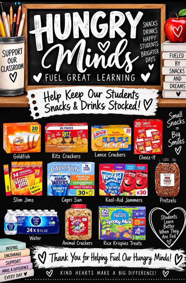 AmyHatcher222's tweet photo. 🍎 Hungry Minds 
Need Fuel! https://t.co/0jvgPA71dO
I’m not providing 
daily snacks in my 
classroom this year, 
but I’ve already had 
several students 
come to me with 
empty stomachs, 
asking for a snack 
or money to purchase 
one from our Beta Club.
❤️ If you feel led to 
help us keep a small 
supply of snacks 
and drinks available 
for those moments, 
every little bit helps 
fill a tummy and 
fuel a mind! #clearthelist #donorschoose #lawtwitter