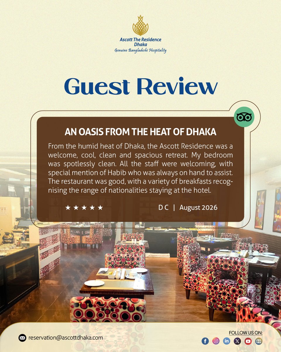 AscottHotels's tweet photo. ✨ A Cool Retreat in the Heart of Dhaka! ✨

Nothing beats feeling at home after a day in Dhaka’s heat. 💙

To review us on TripAdvisor, follow the link: https://t.co/ZpS48HJ0nW

#GuestReview #GenuineHospitality #BoutiqueHotel #TravelBangladesh #Tripadvisor #AscottTheResidence https://t.co/efoOLFZ8rZ