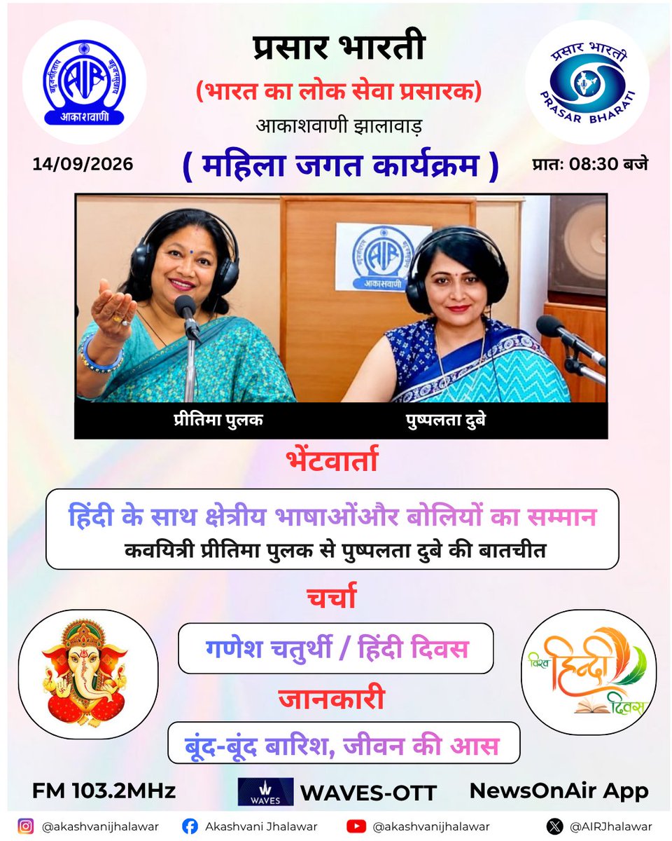 AIRJhalawar's tweet photo. महिला जगत
FM - 103.2 MHz
14 सितम्बर 2026
प्रात: - 08:30 बजे
#jhalawar #newsonair #radiostation #akashvani #mahilajagat #akashvanijhalawar #womenprogram #ganeshchaturthi #bappamorya #festivalofjoy #hindidiwas #respectalllanguages #matribhasha #indianheritage #raindrops #savewater https://t.co/J2oZ44lG7H