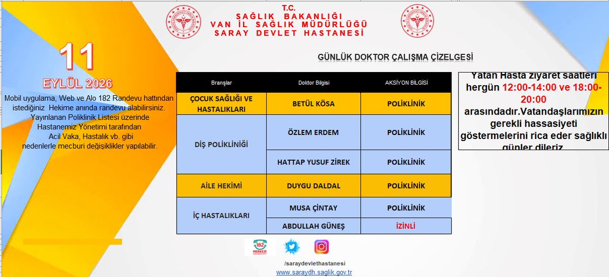 saraydevlethst's tweet photo. Mobil,Web ve 182 Randevu hattından istediğiniz Hekime anında randevu alabilirsiniz. Yayınlanan Poliklinik Listesi üzerinde Hastanemiz Yönetimi tarafından Acil Vaka,Hastalık vb.gibi nedenlerle mecburi değişiklikler yapılabilir. https://t.co/NiyiWsAcAo