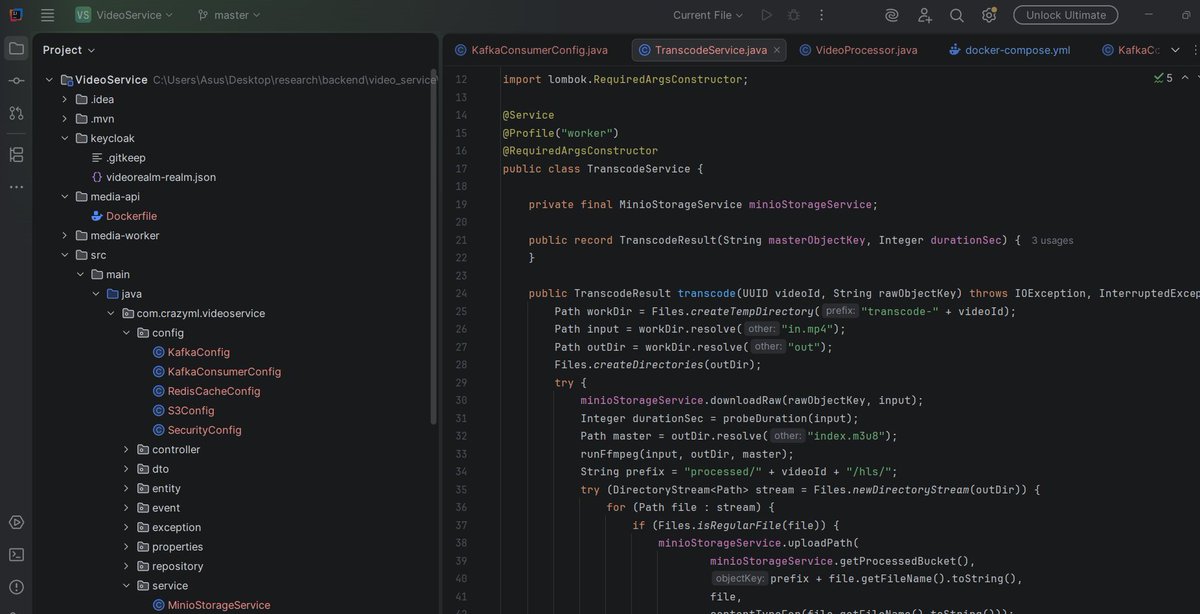 crazyMLguy's tweet photo. I completed my project of Video Streaming and Upload with HLS Streaming on frontend and processing of video through kafka consumer-producer pattern and redis cache. This is a fun project in Spring Boot, now next working on some other cool project. follow me to stay updated. https://t.co/KHaCVL6daH