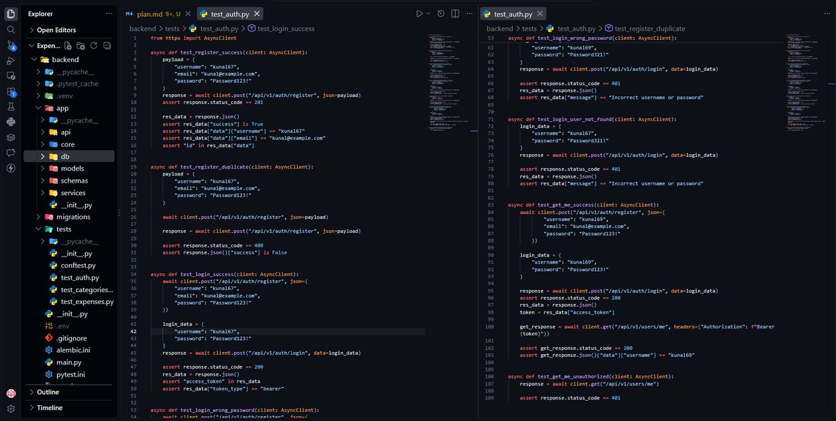 Kunal_Sambyal's tweet photo. Wrote my first integration/API tests

Learned pytest, set up async testing, and completed the authentication test suite

Tested registration, duplicate users, login, invalid credentials, JWT-protected routes, and unauthorized access https://t.co/ujoPzgPQO5