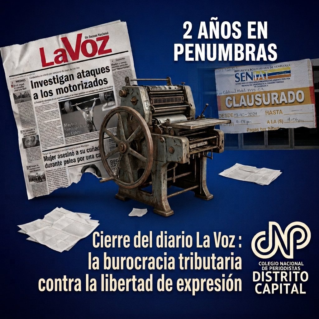 CNPCaracas's tweet photo. #10Sep Cerrar un periódico por la vía tributaria es censura ejecutada desde el poder. A casi 2 años del apagón a Diario La Voz, ratificamos que sin prensa libre se apaga la democracia.

Respeto al ejercicio periodístico.

#SinPeriodismoNoHayDemocracia #CNPCaracas https://t.co/d1ZGtmlT6C