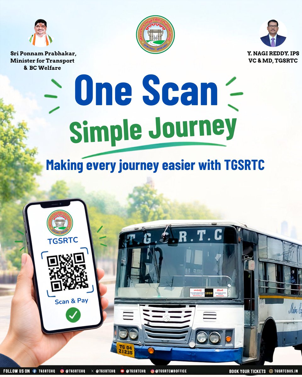 TGSRTCHQ's tweet photo. 🚍 One Scan. Simple Journey.
Travel smarter with TGSRTC's Scan &amp; Pay facility! Just scan the QR code, make your payment instantly, and enjoy a hassle-free journey—no cash,  just convenience.

#TGSRTC #ScanAndPay #DigitalPayments #CashlessTravel #SmartTravel #EasyCommute https://t.co/VvZwByfgsW