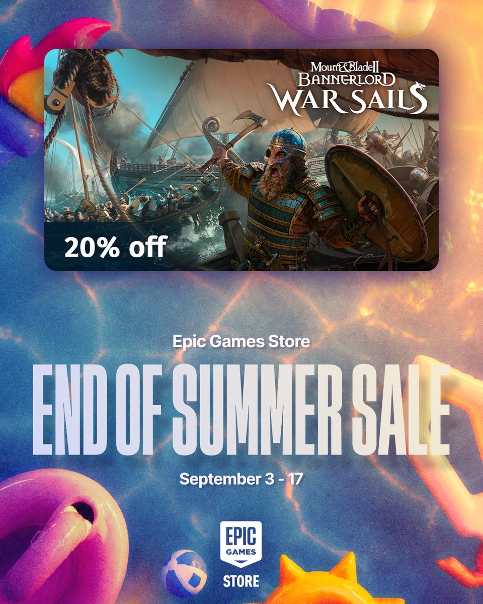 Mount_and_Blade's tweet photo. Sound the horns. The End of Summer Sale has reached Calradia. 📯⚔️

Mount & Blade II: Bannerlord - War Sails is 20% off, and Mount & Blade II: Bannerlord is 50% off on @EpicGames!

Time to start your adventures across Calradia - on land and at sea. 🌊
🔗 https://t.co/5jShusM6N3

#mountandblade #bannerlord #warsails