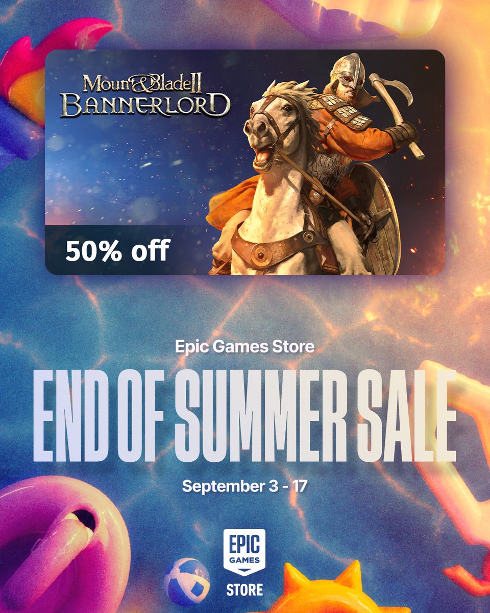 Mount_and_Blade's tweet photo. Sound the horns. The End of Summer Sale has reached Calradia. 📯⚔️

Mount & Blade II: Bannerlord - War Sails is 20% off, and Mount & Blade II: Bannerlord is 50% off on @EpicGames!

Time to start your adventures across Calradia - on land and at sea. 🌊
🔗 https://t.co/5jShusM6N3

#mountandblade #bannerlord #warsails