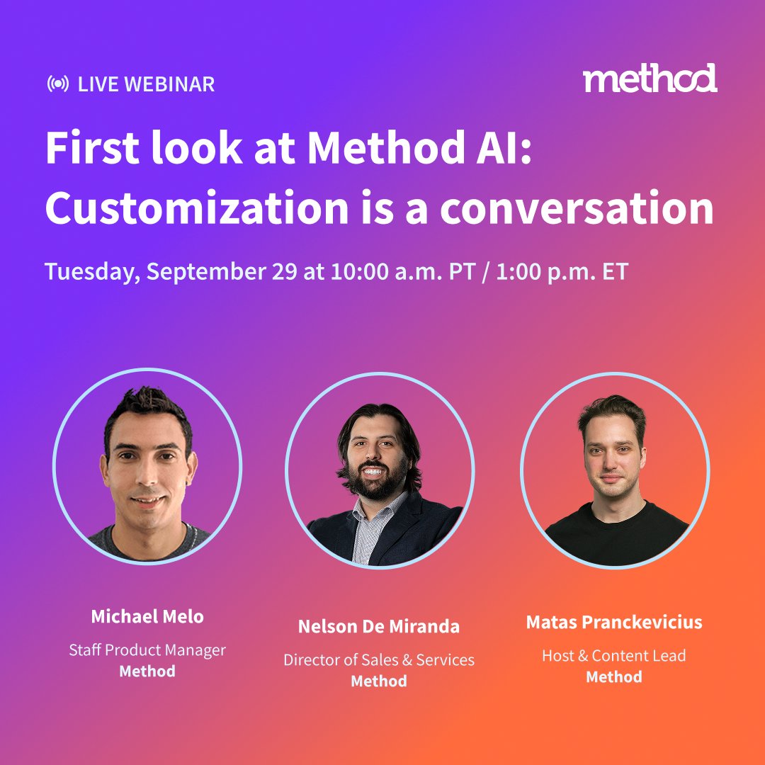 MethodCRM's tweet photo. Join us on September 29 for a first look at Method AI ✨ and the new Method builder experience.

Method is the customizable CRM that adapts to how you work. Now we’re making it even easier to build for your real-world workflows. Be the first to see:

➡️ How to ask Method AI a question about your setup in plain language and get a straight answer back.

➡️ How to make fast changes on the fly—add a custom field, move a button, or convert a text box into a dropdown, all inside the apps you already use.

➡️ The new drag-and-drop builder experience, redesigned for a faster and easier workflow.

➡️ How it all works alongside your two-way QuickBooks sync.

Come see how customization is evolving at Method. Register below 👇