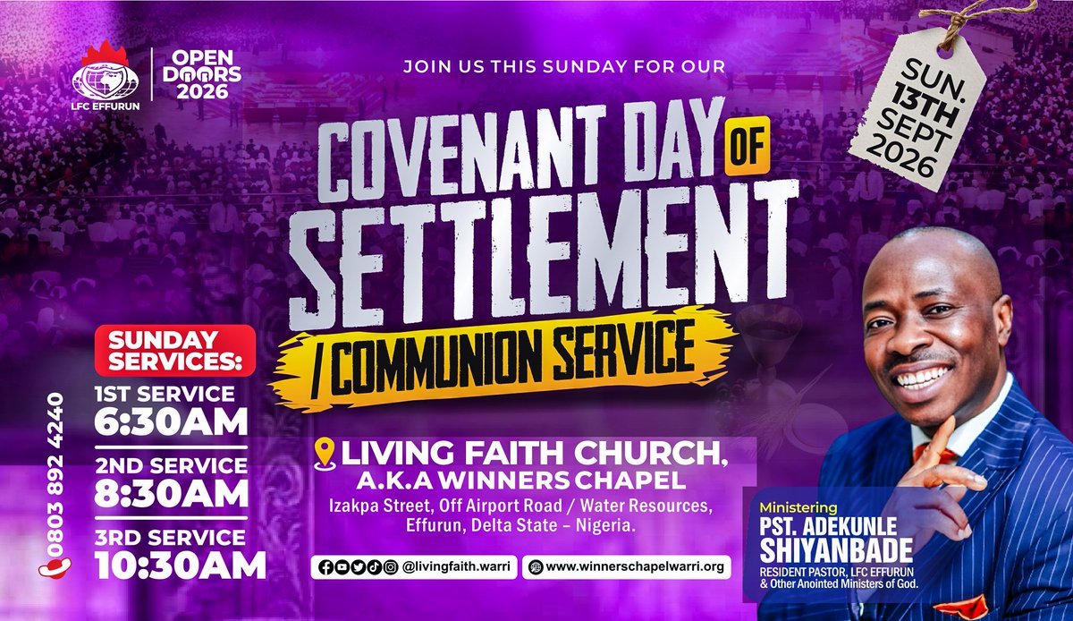 LivingWarri's tweet photo. It's Your Turn!...He will make you perfect, stablish, strengthen, Settle you.
Join us this Sunday
#livingfaithchurcheffurun
#CovenantDayOfSettlement
#CommumionService
#WisdomFromAbove
#OpenDoors2026
#fyp https://t.co/7fURKqnGWv