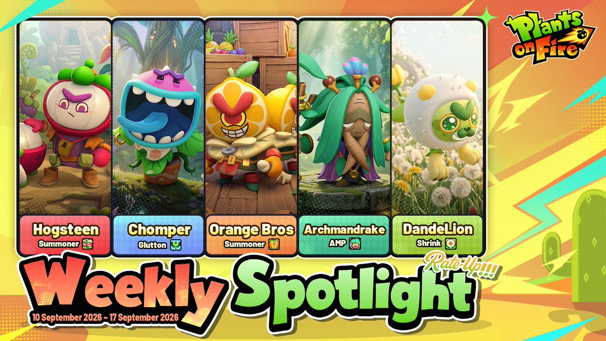 PlayP0F's tweet photo. Hey Captains,   
A new Season Blessing and fresh Minions are here! A powerful gift awaits—what new strategies will you discover?   

[Season Blessing] – Coinhog Start 
At Match Start, summons 1 3★ Coco Coinhog onto the field.  A powerful ally from the very beginning gives your lineup an early edge. 
How will you put your Coco Coinhog to work?   

[Featured Minions]  
Hogsteen  
Chomper  
Orange Bros  
Archmandrake  
DandeLion   
How will you build around this week's Featured Minions?