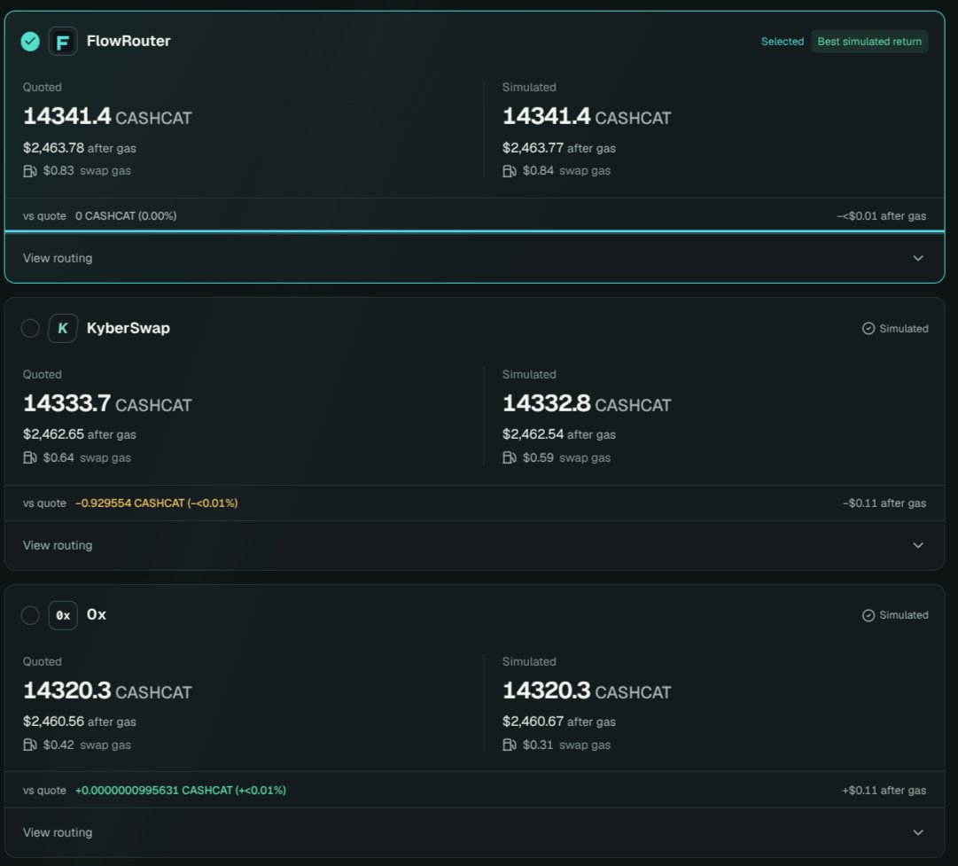 FlowRouter_xyz's tweet photo. @cashcat_token No better place to buy 1 ETH of $CASHCAT than on FlowRouter!  The best DEX aggregator on Robinhood chain.

https://t.co/kqmW3KOadL https://t.co/DgtimAzoEM