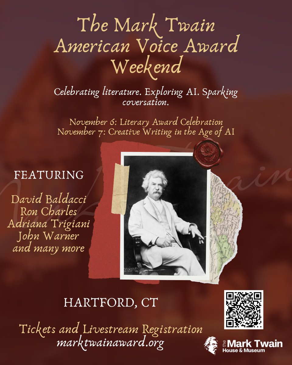 TwainHouse's tweet photo. The Mark Twain American Voice in Literature Weekend returns November 6–7 for its 10th anniversary.

Nov. 6: Literary Award Celebration
Nov. 7: Creative Writing in the Age of AI

🎟️ https://t.co/EkL7qMyGHr

#MarkTwain #AmericanLiterature #CreativeWriting #ArtificialIntelligence https://t.co/uHB6bZMHYS