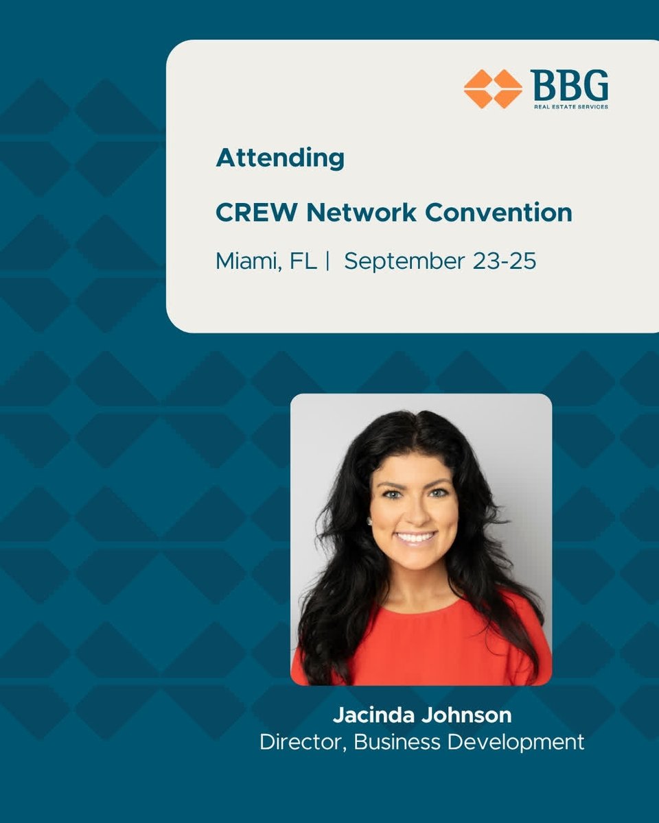 BBG_RES's tweet photo. Jacinda Johnson looks forward to joining more than 1,400 commercial real estate leaders at the CREW Network Convention in Miami, September 23-25. The event provides a great opportunity for connecting, industry education and le...
https://t.co/p5RMtUdCjd
#CRE #CREWomen #CREW #BBG https://t.co/I2A5MNvzOM