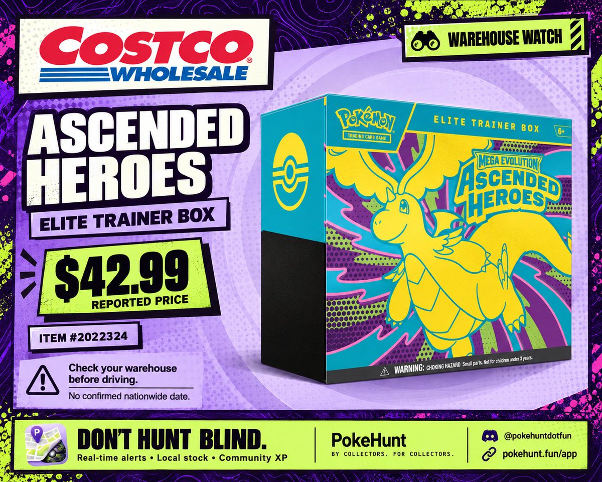 pokehuntdotfun's tweet photo. 🚨 COSTCO ASCENDED HEROES UPDATE  ONLINE DROP MAY BE NEXT 🚨

More information is coming in on the Costco Ascended Heroes Elite Trainer Box restock, and this is looking like it could be one of the biggest Costco Pokémon drops we have seen in a while.

An online two-pack listing appears to be loaded on Costco’s backend at a reported price of $86.99 for two ETBs  roughly $43.50 each before tax. That is essentially in line with the previously reported $42.99 in-store price Costco has not publicly posted the purchase page yet, so this is still a watch not a live link or a confirmed on-sale time.

📦 What to watch for

-  Ascended Heroes ETB two-pack online:  Reportedly loaded at $86.99  
-  Expected warehouse price: Around $42.99 per ETB  
-  Reported in-store item #: 2022324  
-  Earliest warehouse/DC timing: September 13  
Reported allocation: More than 180,000 total units across the online and in-store release  

Historically, Costco’s online Pokémon drops can happen shortly before product reaches warehouses, so the online listing may go live **very soon**—but there is no confirmed date or time yet. Warehouses may also receive and release inventory on different schedules, so September 13 is an arrival estimate, **not** a reason to line up blindly.

Before you drive

Call your local Costco and ask about **item #2022324**. Confirm:

-  Whether it is in stock or has an expected delivery  
-  Whether the warehouse is allowed to sell it yet  
-  The local price and any quantity limit  

Costco online Pokémon releases can also move quickly and may use a queue, so make sure you are signed into your Costco account with your membership and payment details ready.

At about $43 per ETB, this should be a very strong pickup for collectors who missed retail—but the reported volume is substantial, so do not panic-buy from resellers before Costco’s online and warehouse inventory has had time to land. A large allocation could put real pressure on current sealed prices.[2][3]

If you find them, comment your warehouse/city, price, quantity limit, and time checked. Drop a shelf photo or stock report in PokeHunt so nearby collectors can get the heads-up. 💪

🏹 DON’T HUNT BLIND
📱 App: https://t.co/3S1AUnnHBi
💬 Discord: https://t.co/lrjht7umkC

#PokemonTCG #AscendedHeroes #Costco #PokeHunt