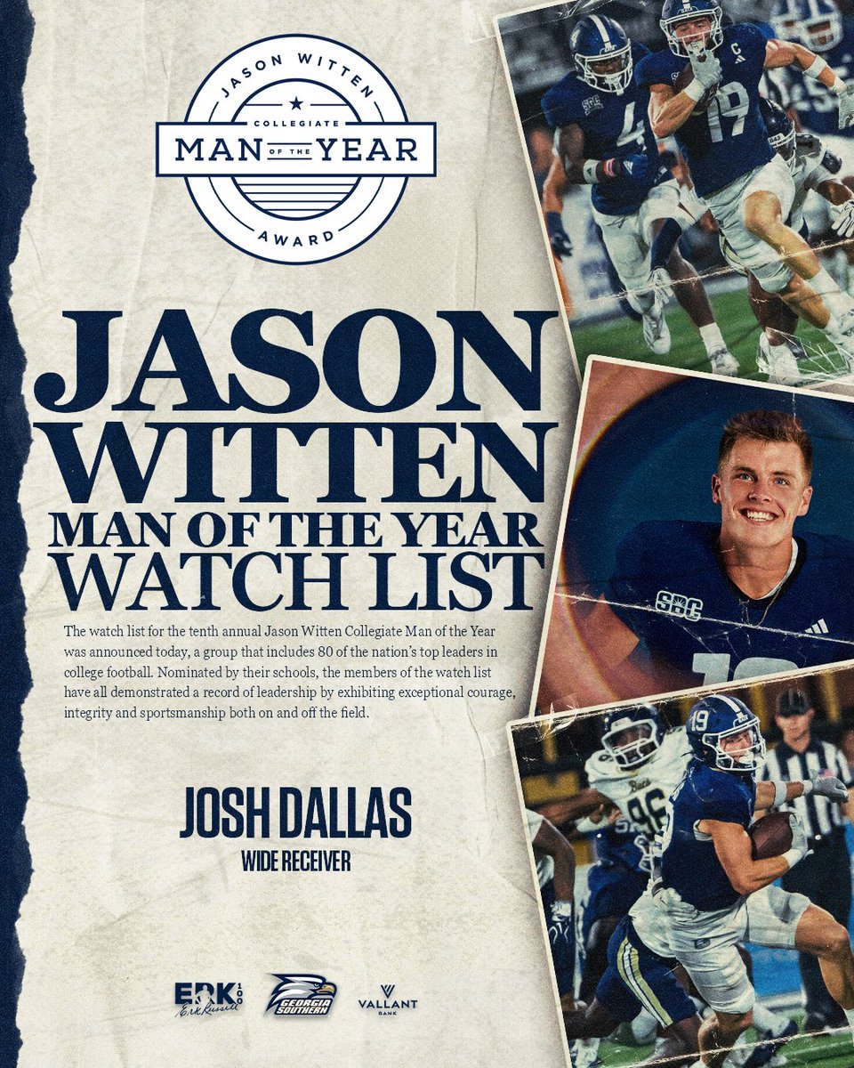 GSAthletics_FB's tweet photo. A leader on and off the field. 

@joshdallas_18 has been named to the @WittenCMOY Watch List. 

#HailSouthern https://t.co/T9QAuXaHyS