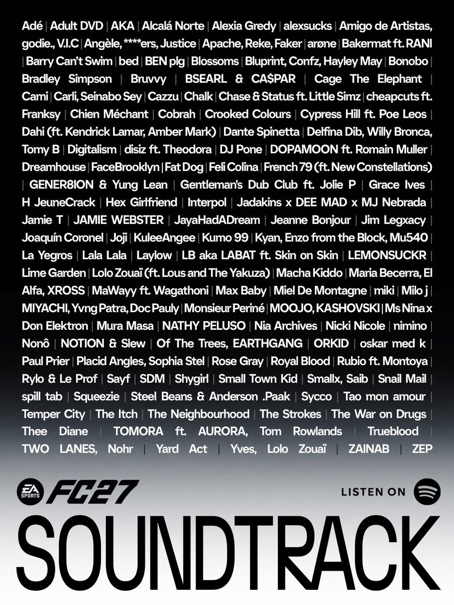 Interpol's tweet photo. We're excited to share that "See Out Loud" is part of the EA SPORTS FC 27 soundtrack⚡The game launches worldwide on Sept 25th with early access on Sept 18th. You can listen to the soundtrack now on Spotify. #FC27Soundtrack https://t.co/6Qx3zOXCu7