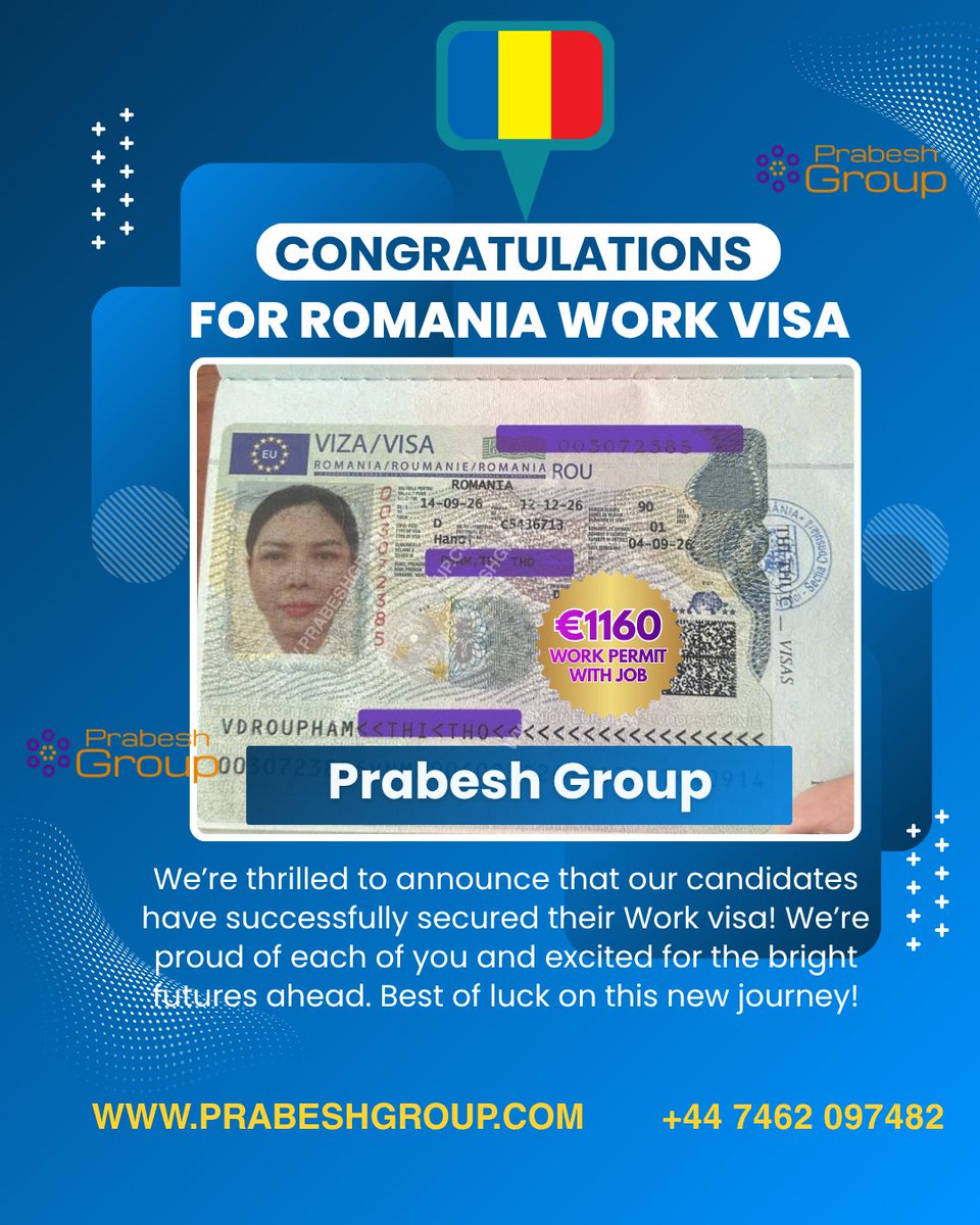 prabeshgroupuk's tweet photo. 🇷🇴🎉 4 ROMANIA WORK VISAS APPROVED — CONGRATULATIONS!

🌐 https://t.co/EK5Z60v0MZ
📱 WhatsApp: +44 7462 097482
#PrabeshGroup #RomaniaWorkVisa #RomaniaVisa #RomaniaJobs #WorkInRomania #RomaniaWorkPermit #VisaApproved #WorkVisaApproved #EuropeJobs #JobsInEurope #WorkInEurope https://t.co/HiSYLSsxVI
