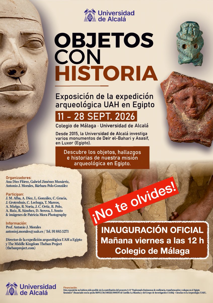 MKTP_expedition's tweet photo. Os esperamos mañana viernes a las 12H @UAHes y @fylUAH La exposición "Objetos con Historia" nos muestra interesantes trabajos y hallazgos de la expedición UAH en Egipto. ¡No te lo pierdas! ¡A las 12 h en el Colegio de Málaga! @mundosantiguos  @aedeweb2030 @egiptologia_ https://t.co/UObQnAUaPb