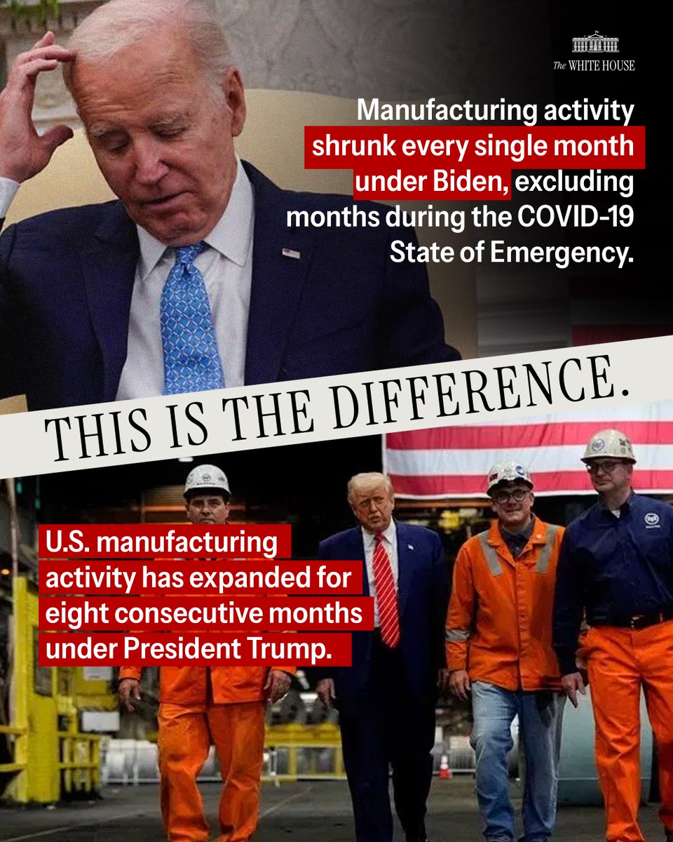 WhiteHouse's tweet photo. Two visions for America: MANUFACTURING.

President Donald J. Trump has restored American jobs and revived American manufacturing. 🇺🇸 https://t.co/a5VUnaTq8p