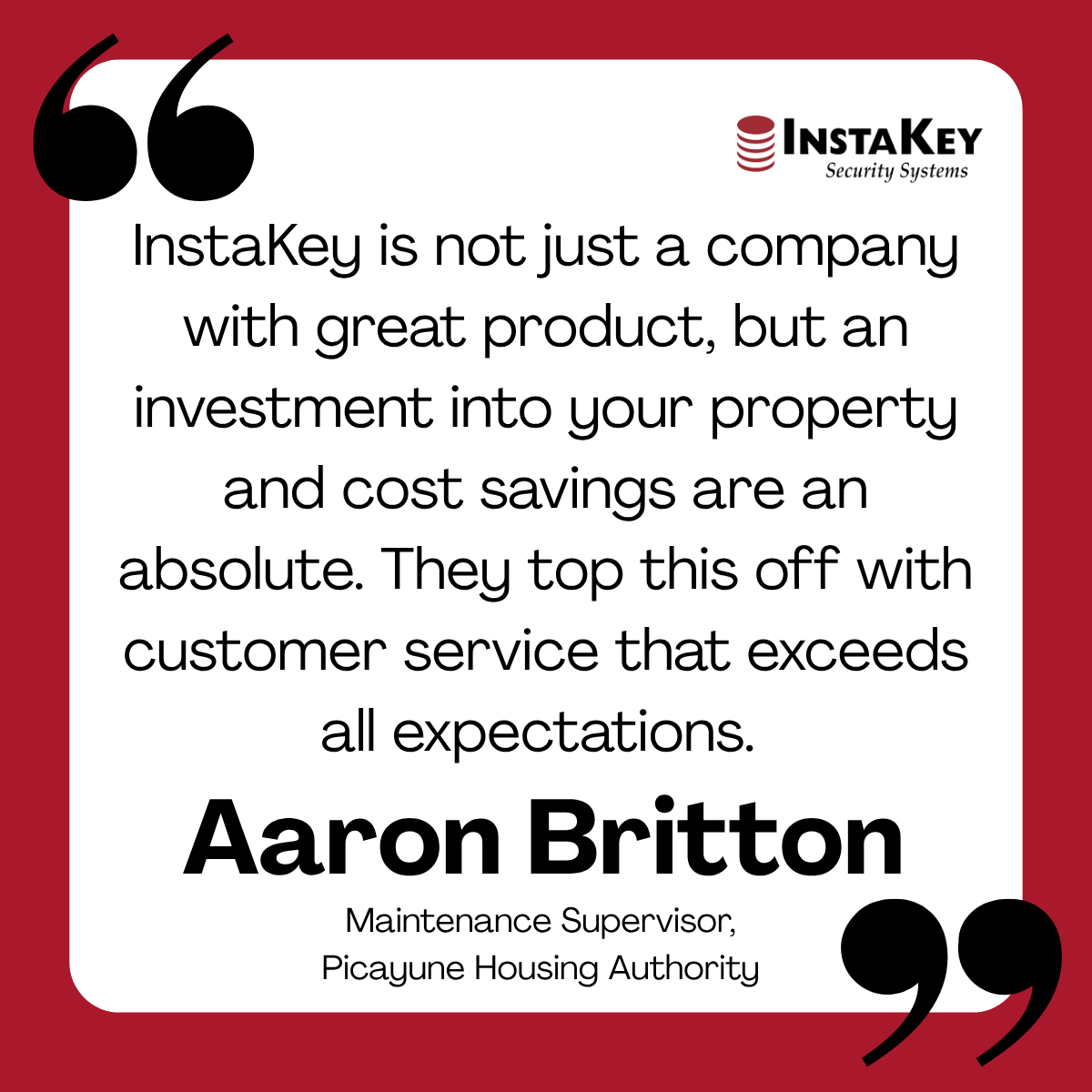 InstaKey's tweet photo. Our InstaKey values include People First and Do What You Say and we are so glad when clients experience those values.
Thanks for the feedback Aaron. It has been an honor to work with Picayune Housing Authority since 2021.
#PublicHousing #UserRekey #KeyManagement https://t.co/d7J1zfdFak