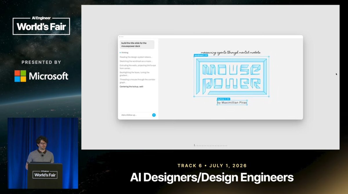 MVXMXM's tweet photo. Excited to have my Mousepower talk live on @aiDotEngineer's YT channel (link below), but I have retrospective thoughts on this topic & here is what I'd change if I gave the talk again today:
1. Thesis wasn't stated simply enough: value of agents is limited by our ability to measure them, otherwise we can't justify the ROI of their token cost
2. Need an explicit connection to the discourse on verifiable domains, which we need not be limited to today's set as understanding customer mental models unlocks new ways to verify value (e.g. horsepower)
3. After reading a nice post by @jon_stokes on verifiable domains, I'm specifically interested in the n-order F/X of their "optimization pressure"
4. Also rambled too much, perhaps a function of the topic being too underbaked... will see if GPT voice can coach me for next time

Follow up incoming (someday).