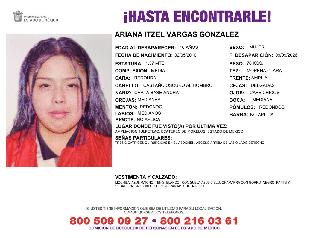 COBUPEM's tweet photo. Solicitamos de tu apoyo en difusión para dar pronta localización a Ariana Itzel Vargas González, cualquier información favor de comunicarse a los teléfonos al pie del boletín. #TodosEnLaBúsqueda https://t.co/e6vZJGCpLK
