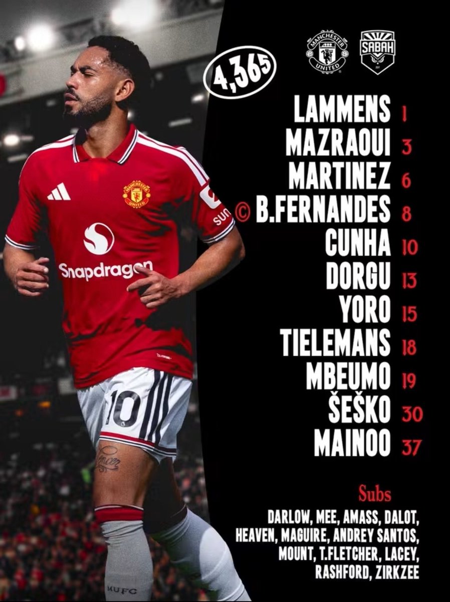RedDevilLatino's tweet photo. #LaTitular
Vamos con Senne Lammens en el arco. Noussair Mazraoui, Leny Yoro, Lisandro Martínez y Patrick Dorgu en el fondo. Kobbie Mainoo, Youri Tielemans, Bryan Mbeumo, Bruno Fernandes y Matheus Cunha en el medio. Adelante va Ben Šeško.
Vamos Manchester United! 💪🏻❤️ https://t.co/93gQY9zfUB