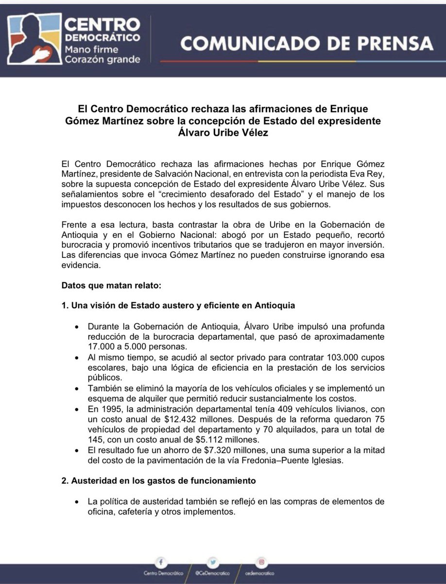 CeDemocratico's tweet photo. El Centro Democrático rechaza las afirmaciones de Enrique Gómez Martínez sobre la concepción de Estado del expresidente Álvaro Uribe Vélez. https://t.co/yrbYhRNLK8