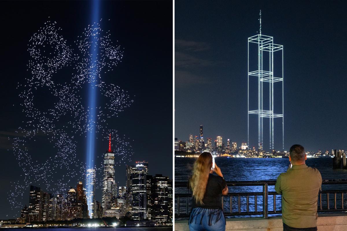 nypost's tweet photo. Breathtaking drone show of 2,977 lights illuminates NYC skies before 9/11 anniversary https://t.co/6jwjaSw4X0 https://t.co/9udFlHd8fQ