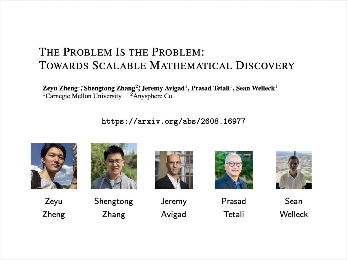 wellecks's tweet photo. I was honored to give a talk about our work on mathematical discovery at The Geometry of Machine Learning 2026

It covers our recent work on finding, attempting, and recommending resolutions to open conjectures (https://t.co/myX4xaD3dr)

Slides: https://t.co/ryQNZS9xkg https://t.co/yWn7cgwycE