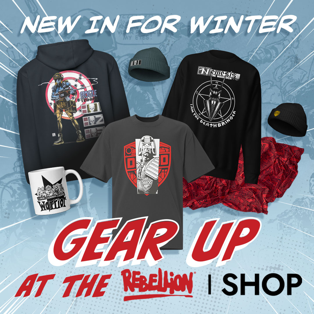 This image displays winter-themed merchandise with a 2000AD comic theme. Featured items include hoodies, t-shirts, beanies, and a mug, all with graphics inspired by various characters. Text overlay reads “New in for Winter” and “Gear Up at The Rebellion Shop.”