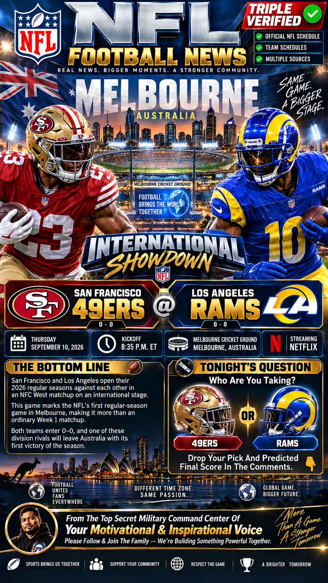 BrickCityGamer's tweet photo. 🏈 49ers vs. Rams In Melbourne — NFL International Showdown Tonight

#NFL #NFLFootball #49ers #Rams #SanFrancisco49ers #LosAngelesRams #NFLWeek1 #Melbourne #Australia #MelbourneCricketGround #NFLInternational #ThursdayNightFootball #FootballTonight #NFLNews #NFLFans https://t.co/XhGiwsUb3u