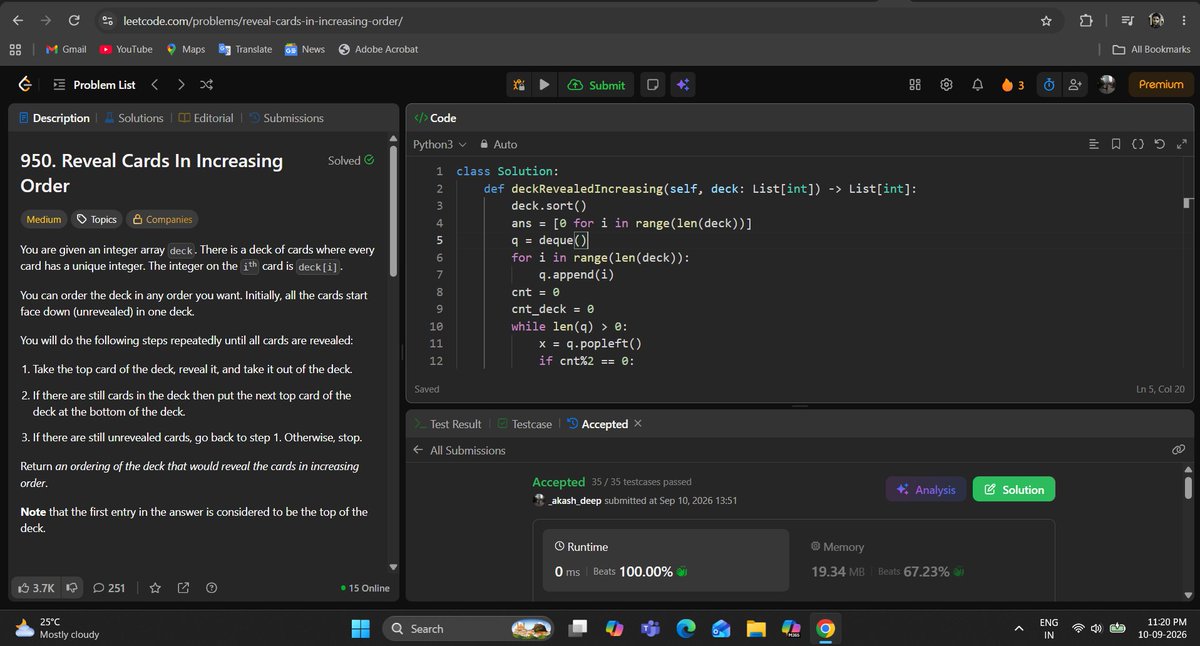 _deep_star's tweet photo. Hello All, I completed #Day982 of #365DaysofCode Challenge with @scaler_official
Question: Reveal Cards In Increasing Order
discord link: https://t.co/8JQpNSUK1v
#letsconnect #potd #scalerdiscordcommunity #codewithscaler #365daysofcodescaler #365DaysofCode https://t.co/PTSU3XTxTq
