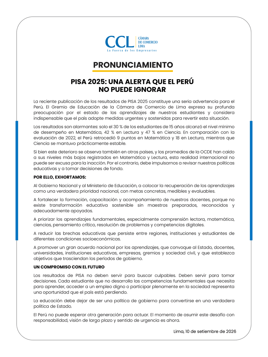 camaradelima's tweet photo. #Pronunciamiento | ¡Alerta educativa en el #Perú! 📚

Los resultados de #PISA2025 son alarmantes, el Gremio de Educación de la #CCL expresa su profunda preocupación por el estado de los aprendizajes de nuestros estudiantes y considera indispensable que el país adopte medidas urgentes y sostenidas para revertir esta situación.

➡️ Solo 30 % de estudiantes alcanzó el nivel mínimo en Matemática, 42 % en Lectura y 47 % en Ciencia.

🔗 Más detalles aquí: https://t.co/HyqwRGtLSE

#Ahora #Actualidad

@presidenciaperu | @pcmperu | @MineduPeru | @congresoperu 

@Agencia_Andina @Gestionpe @larepublica_pe @elcomercio_peru @peru21noticias @ExpresoPeru @exitosape @RPPNoticias @ForbesPeru @EconomiaRevista @Latina_Noticias @americatv_peru @PanamericanaTV @atv_noticias @noticias_tvperu @canalN_