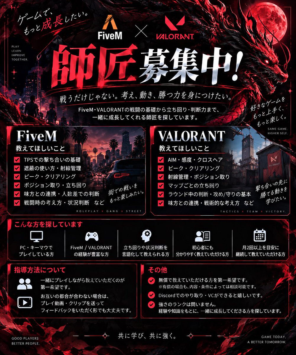 syadin_game's tweet photo. 🎮 FiveM / VALORANT 師匠募集中！

もっと戦闘が上手くなりたくて、
AIMだけでなく立ち回り・状況判断などを継続して教えてくださる方を探しています！

一緒にプレイでも、動画を見てフィードバックでも大丈夫です🙌

詳しい条件は画像にまとめています！
#FiveM #VALORANT #コーチ募集 https://t.co/a9XmoYmiRk