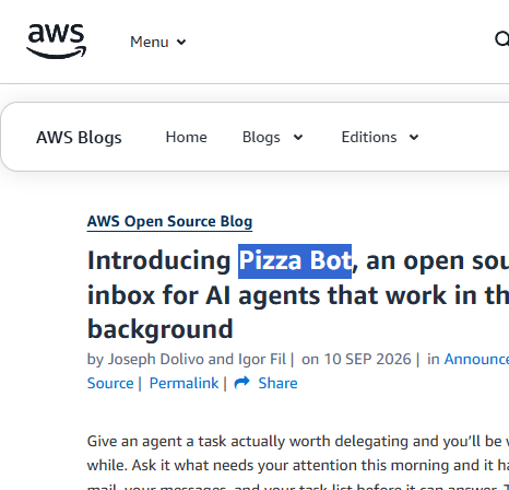 NoahHayez's tweet photo. HELLO??? Amazon just created their version of GROK BOT!!!

And its literally a MEME...

They called it "Pizza Bot" https://t.co/I5UQY3yXea