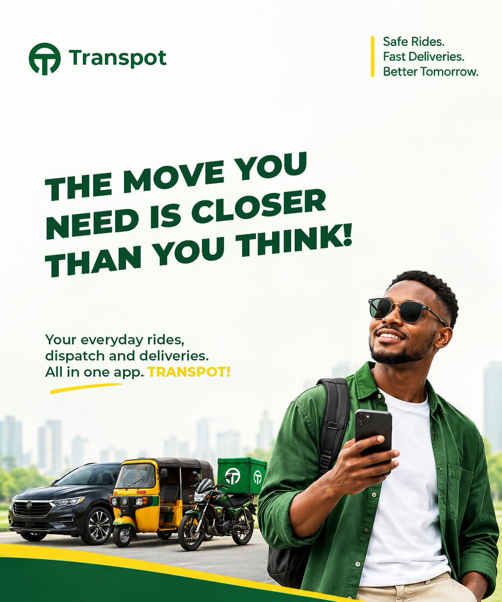 Transpotafrica's tweet photo. We're bringing rides, dispatch &amp; deliveries together in one convenient platform.

📲 Get ready to move with Transpot.

One App, Every Move.

#Transpot #TranspotAfrica #RideWithTranspot #MoveWithTranspot https://t.co/YUKT8sTpPz