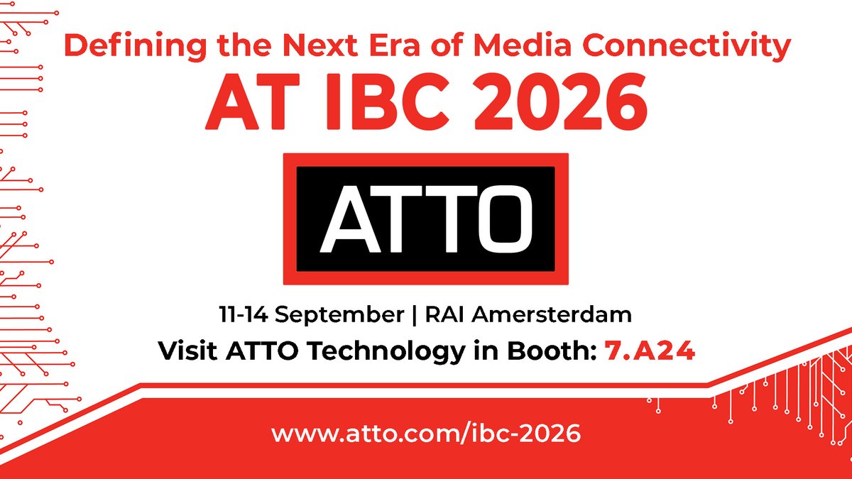 ATTOTechnology's tweet photo. ATTO is at IBC2026 this week with technologies designed for the demands of modern media production, post-production, shared storage, backup and archive. See what’s possible at Stand 7.A24.

https://t.co/duBlC4Vuzu https://t.co/8JLMNbOeqU