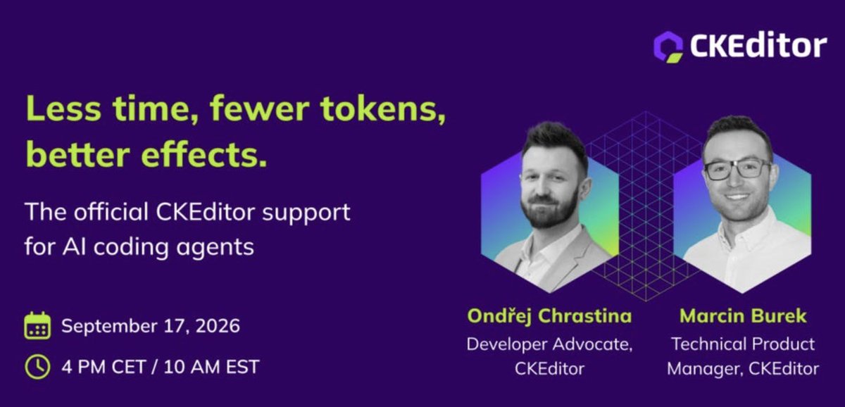 ckeditor's tweet photo. Every library has this problem: your agent learned it at one point in time and hasn't checked since.

CKEditor now ships an official skill and docs MCP server to close that gap. Works with Claude Code, Cursor, Codex, Copilot, Windsurf, Zed and more.

📍Live | Sept 17, 10am EDT

Register now: https://t.co/FoFB0gBIWq