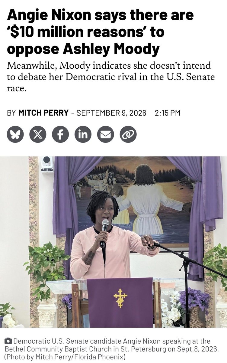 AngieNixon's tweet photo. Ashley Moody can dodge a debate, but she can’t dodge her record. $10 million in taxpayer healthcare money was misappropriated, and she knew about the plan.

We’re not moving on.

Appreciate @FLPhoenixNews for the coverage. https://t.co/D8ThbJ1Sy4