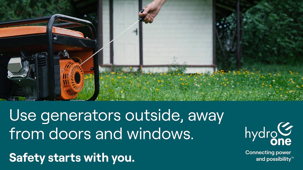 HydroOne's tweet photo. Generator safety starts with proper use. Keep generators outside and away from your 
home, windows, doors and vents to reduce the risk of carbon monoxide poisoning.
Never connect a generator directly to your home’s wiring or electrical panel unless a proper 
transfer device has been installed by a licensed electrical contractor.

Backfeeding can energize utility lines and seriously injure or kill utility workers and others.