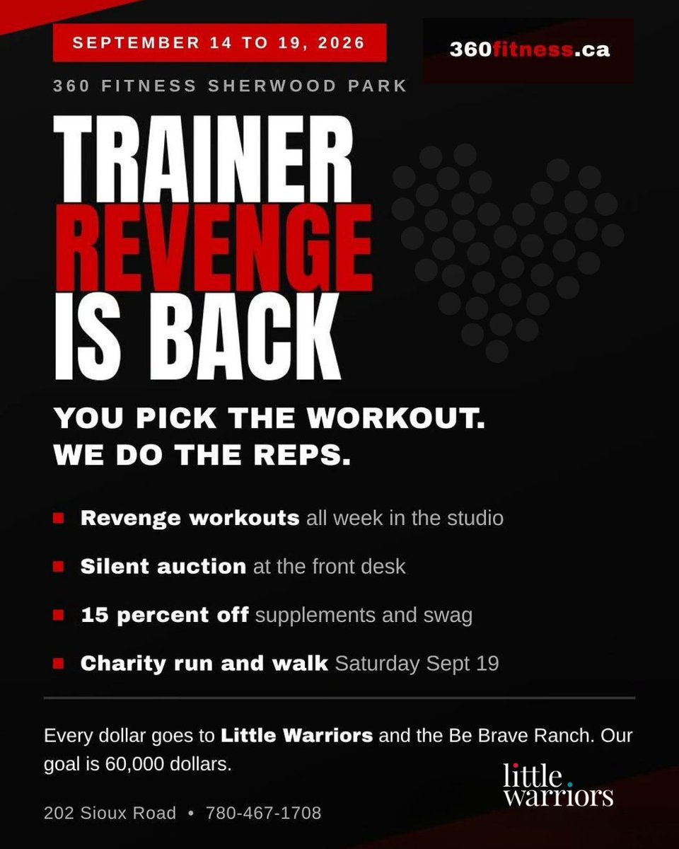 LittleWarriors's tweet photo. It's almost time for Trainer Revenge Week! From Sept 14–19, our friends at 360 Fitness Sherwood Park are flipping the script: clients choose the workout, and the trainers do the sweating.

Register: sherwoodpark@360fitness.ca https://t.co/r9CJZsEWtE