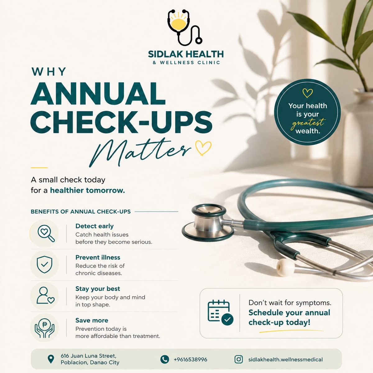 SynthiaArea's tweet photo. Your health is your greatest investment. Annual check-ups support early detection, preventive care, and a healthier future. Don’t wait for symptoms—prioritize your well-being today at Sidlak Health &amp; Wellness Clinic. https://t.co/owILdABvDc