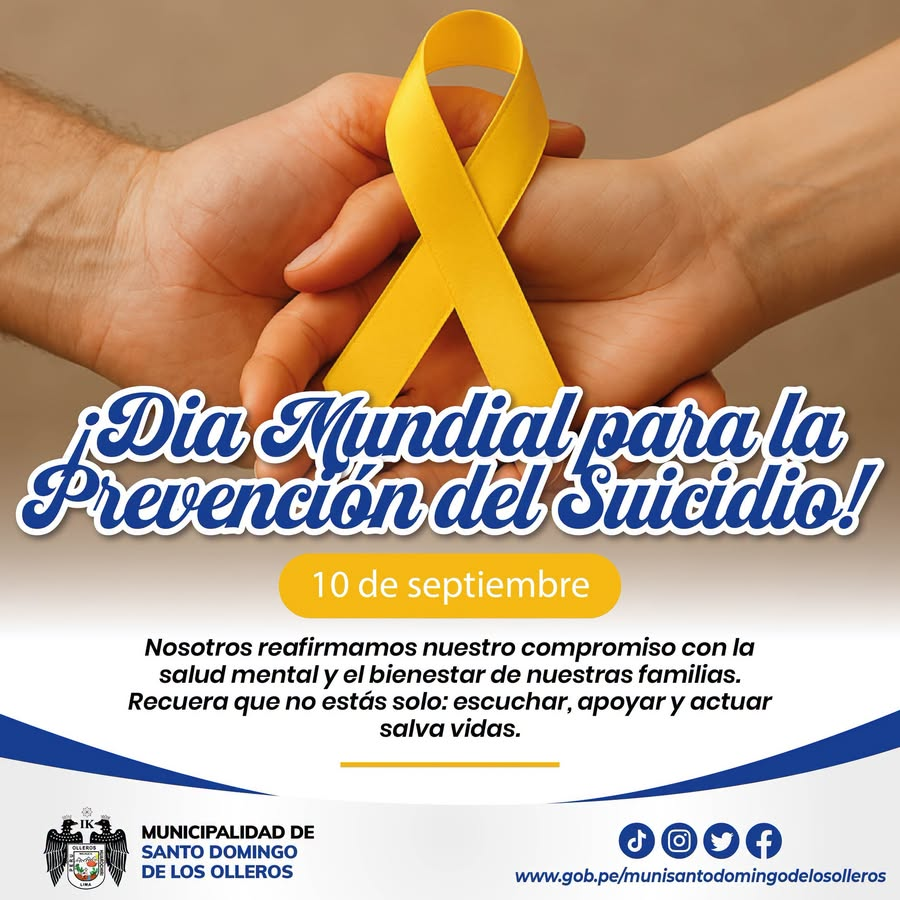 MuniOllerosHuar's tweet photo. 💛 ¡TU VIDA IMPORTA Y NO ESTÁS SOLO/A! 💙
Hoy, 10 de septiembre, en el Día Mundial para la Prevención del Suicidio, desde la Municipalidad de Santo Domingo de los Olleros enviamos un mensaje de esperanza, empatía y respaldo a todos nuestros vecinos🌱 https://t.co/IUYbNx5VKz