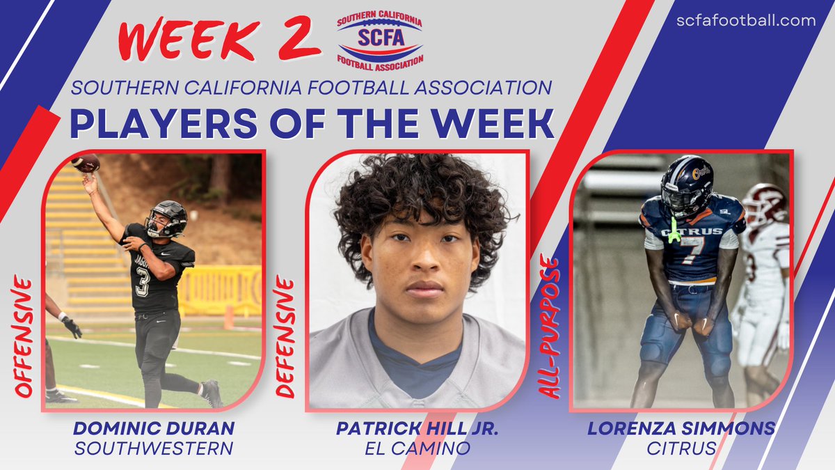 scfafootball's tweet photo. Congrats to the Week 2⃣ SCFA Players of the Week!
Offense: Dominic Duran, @SWCJaguarFB 
Defense: Patrick Hill Jr., @FBWarriorsECC 
Special Teams/All-Purpose: Lorenza Simmons, @CitrusFootball 
Info at https://t.co/jJEi04S2yo
@cccfca1 https://t.co/NJk9kk9ovo